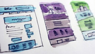Watercolor sketches of three different website layouts