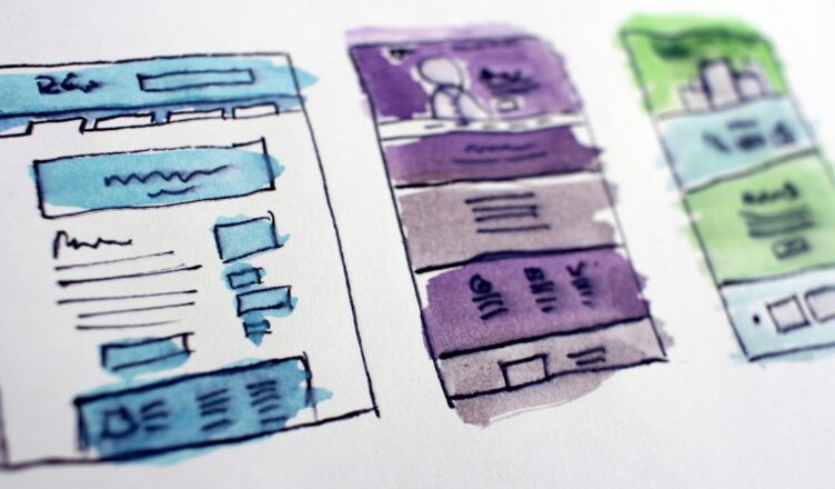 Watercolor sketches of three different website layouts