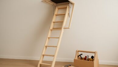 A wooden loft ladder extending from an attic entrance with a toolbox beside it.