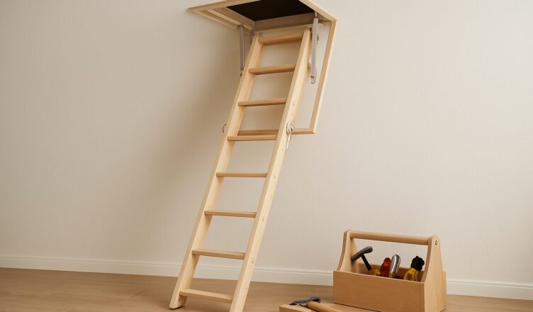 A wooden loft ladder extending from an attic entrance with a toolbox beside it.